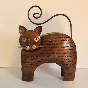 Vintage Folk art Fat Cat Cut Out Bronze Painted Metal Lantern Candle Holder Boho
